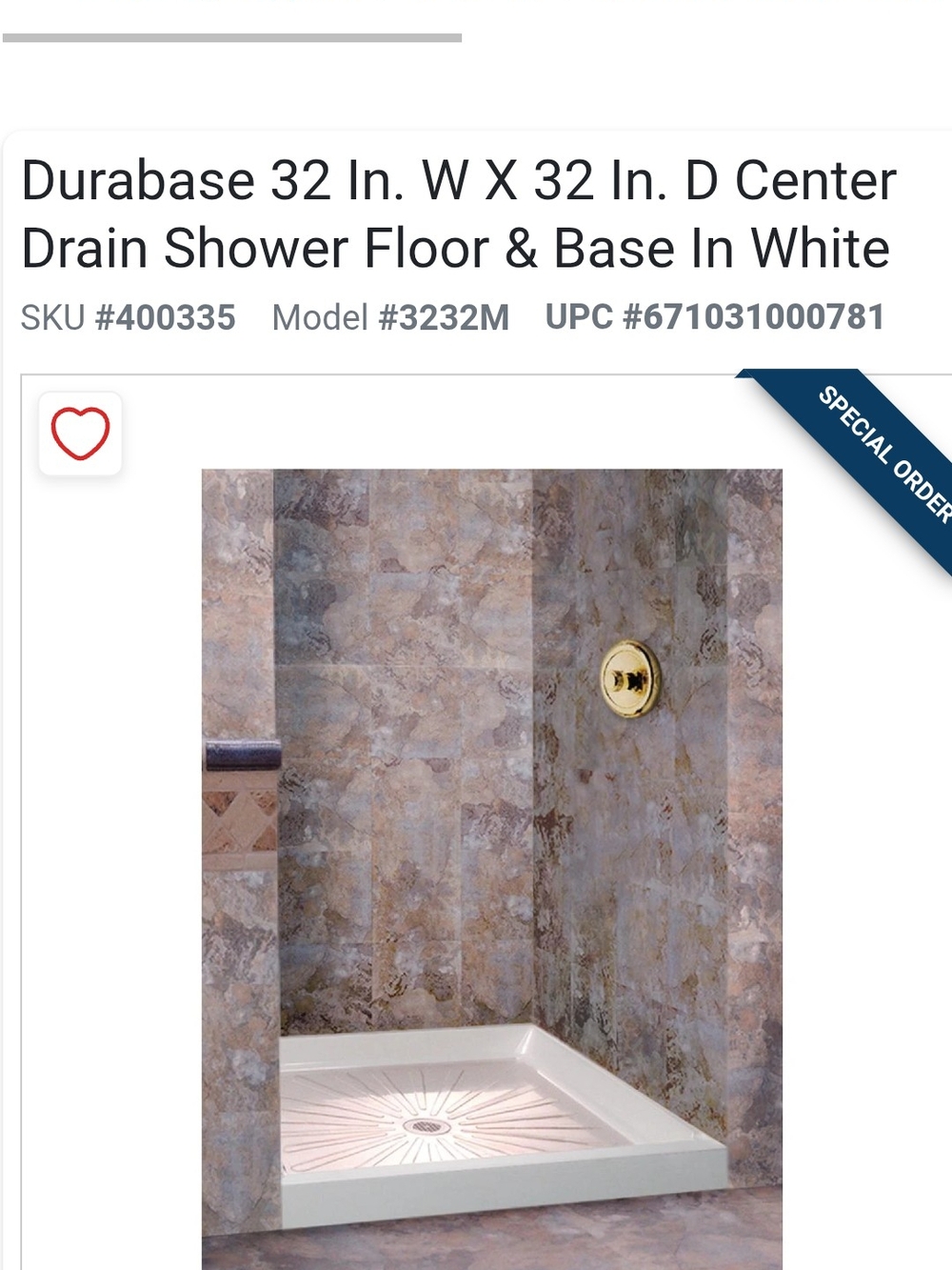 32 in. x 32 in. Center Drain Shower Floor & Base - White